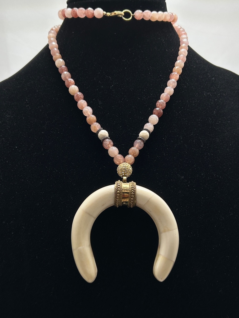 Long Bone Horn Crescent Necklace With Tan And Brown Crystal Beads Boho